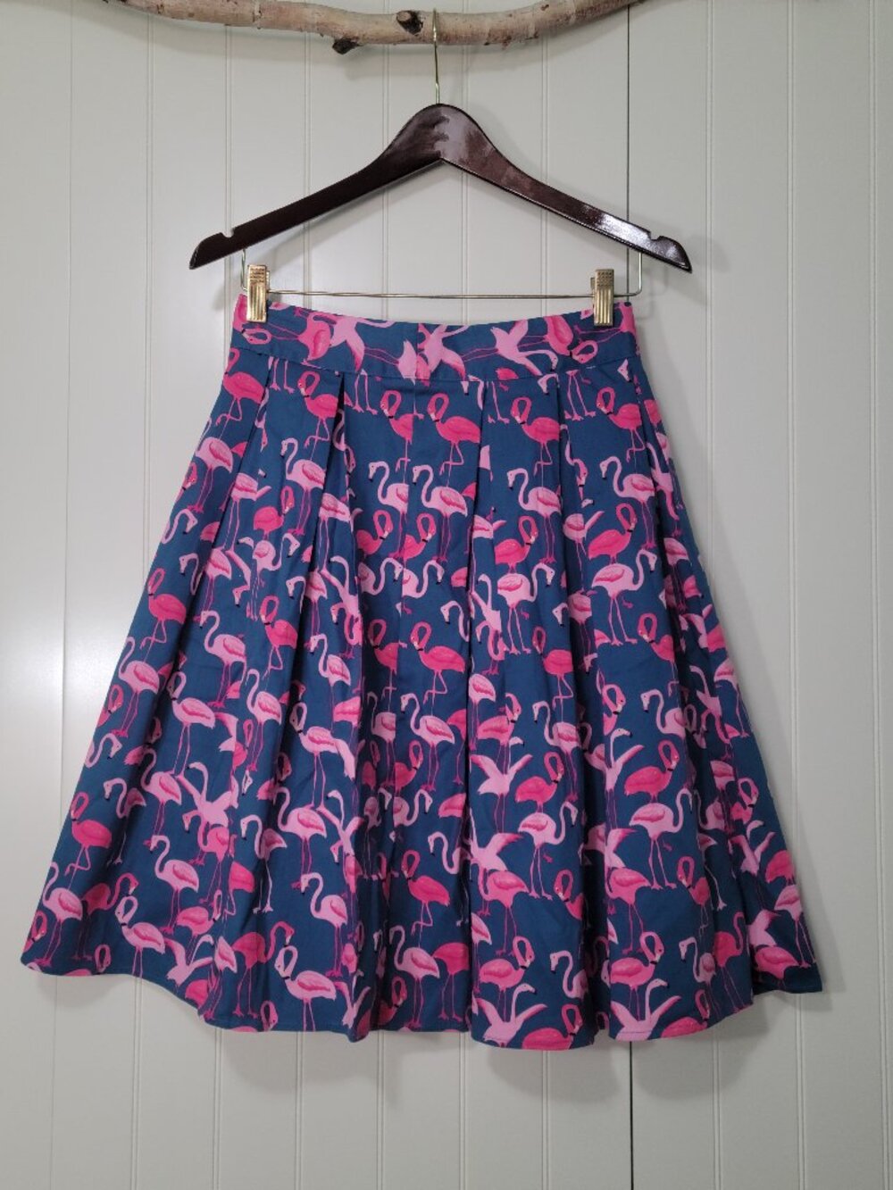 50s 60s MCM Retro Rockabilly Flamingo Tropical A-line Pleated Swing Midi Skirt